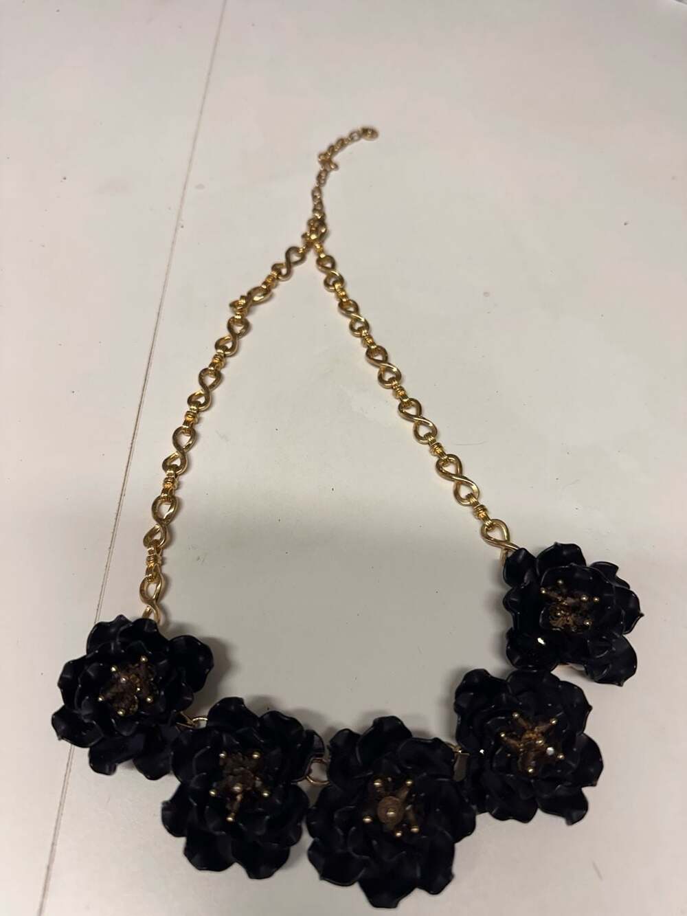 Talbots Black Resin Floral Statement Necklace with Crystal Centers and Gold-Tone